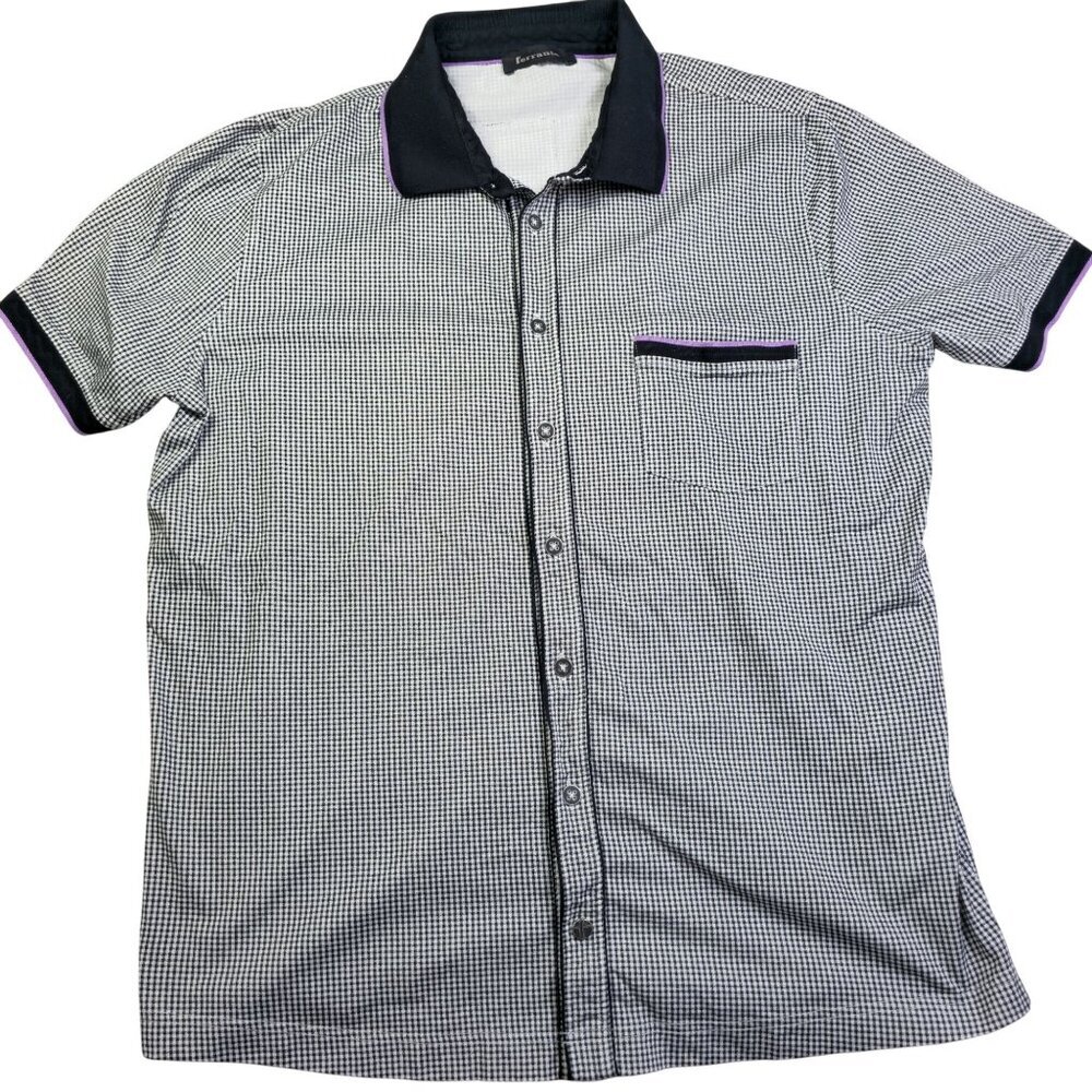 Ferrante Button-Up Black & White Checkered Collared Shirt, Small